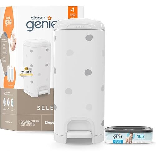 Diaper Genie Select Pail (Polka Dot) is Made of Durable Stainless Steel and Includes 1 Starter Square Refill That can Hold up to 165 Newborn-Sized Diapers.