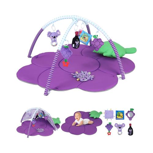 Tummy Time Mat, Heypappy 9-in-1 Grape Baby Play Gym Mat, Oversize Baby Play Activity Mat with Sunshade & 6 Detachable Sensory Toys, Washable Non-Slip Mat for Newborn Infant Baby Essentials Gift