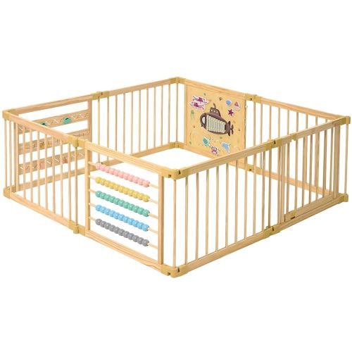 Wooden Playpen Extra Large for Toddlers and Babies - Under The Sea Theme Toy Desighn - (8/10) Wood Panels - Foldable and Adjustable Baby playpen - Extra Large Baby playpen (8-Panels)
