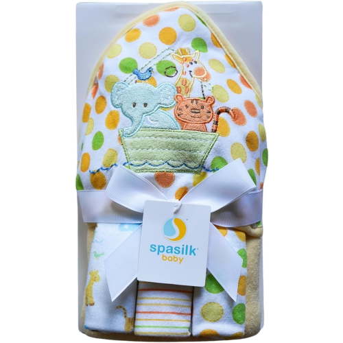 Spasilk Hooded Bath Towel and Washcloths Set for Newborns, 1 Soft Terry Baby Towel and 3 Baby Washcloths, Baby Essentials, Ideal Baby Shower Gifts, One Size, Yellow Ark