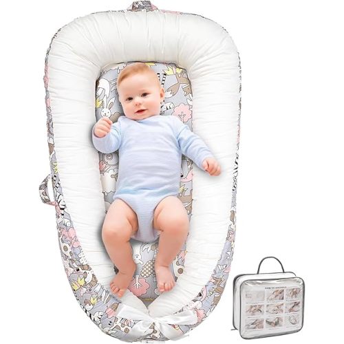Baby Lounger, Ultra Breathable Soft Cotton Perfect for Tummy Time, Portable & Adjustable Infant Floor Seat for Traveling | Newborn Shower Gift(Sheep Monkey)