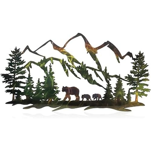 MorningRo Mountains Cabin Bear Wall Art Farmhouse Metal Forest Cabin Wall Sculpture Retro Woodland Decor Rustic Animal Hunting Decor for Home Bedroom Decoration Bear Lover Gift, 13.78 x 7 Inch (Bear)