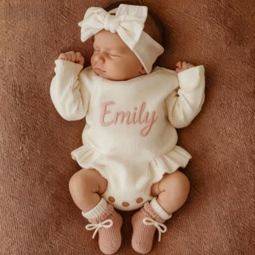 Personalized Newborn Name Romper ,Custom Baby Knit Sweater ,Baby Shower Gift, Embroidered Name rustic baby romper Sweater, Baby Gift