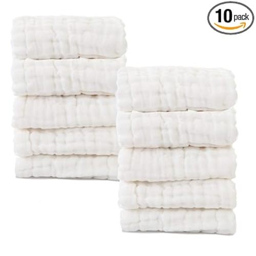 Baby Muslin Washcloths- Natural Cotton Wipes - Soft Newborn Face Towel for Sensitive Skin- Registry as Shower, 10 Pack 12x12 inches by MUKIN (White)