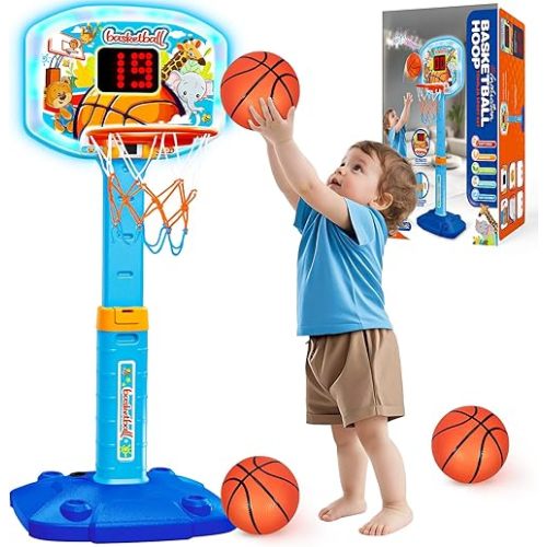 Toddler Basketball Hoop Indoor for Age 1 2 3, Adjustable Kids Basketball Hoops with Light Sound, Mini Basketball Hoop with 3 Balls, Birthday Christmas Sport Toys Gift for Baby 12-18 Months