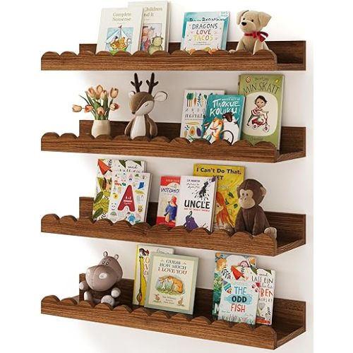 Shario Nursery Book Shelves, 4-Pack Walnut Brown,Floating Shelves for Wall Kids, Scalloped Shelves, Wall Book Shelves for Bedroom Kids, Toddler Room, Baby Room, Nursery Decor