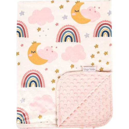 Top Tots Deluxe Minky Baby Blanket - Sleepy Moon and Rainbow, 40 x 29 Inch Peach