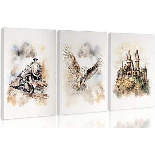 3 pcs Vintage Magic Canvas Wall Art Express Train Owl Magic Castle Picture Wall Decor Magic Lovers Kind and Honest Posters Print Artwork for Kids' Baby Nursery Home Decoration