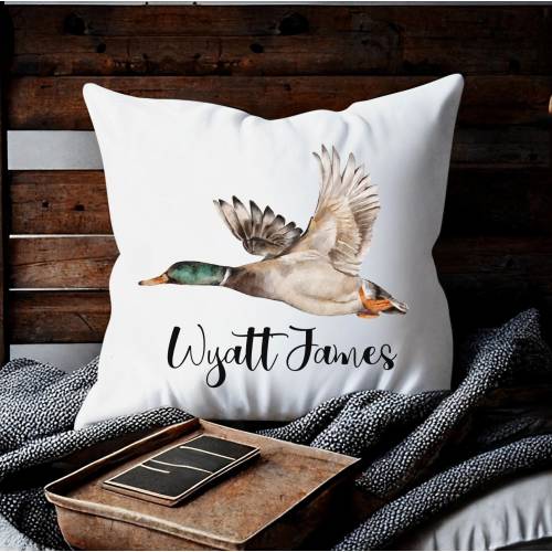 Personalized Flying Mallard Faux Suede Square Throw Pillow, Personalized Duck Pillow, Duck pillow with name, custom mallard baby pillow