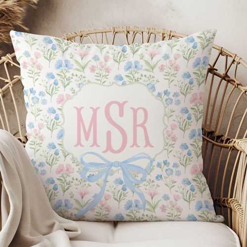 BABY GIRL Monogram Pillow,Grandmillenial Nursery, Pink and Blue Floral,Personalized Toddler Girl Cushion,Granny Chic Nursery Decor