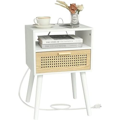 MaxSmeo Nightstand with Charging Station, Bedside Tables with Rattan Drawer, Mid Century Modern Nightstand, End Table for Living Room, Bedroom and Small Spaces, Easy Assembly (White)