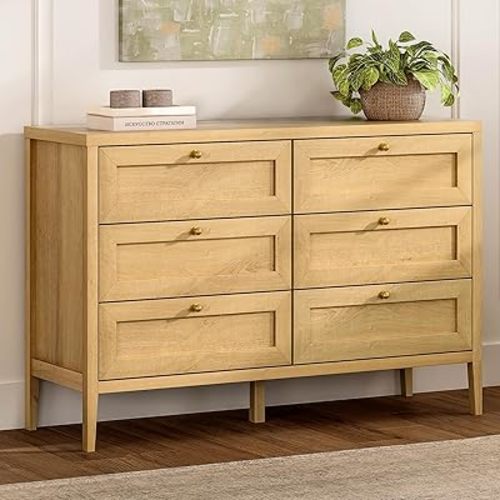 6 Drawer Dresser for Bedroom, 47" Modern Chest of Drawers, Wood Tall Nightstand, Storage Dresser Cabinet Side Table for Living Room, Hallway, Natural Oak