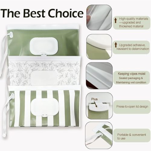 Baby Wipe Holder,Wipe Dispenser, 3-Pack Portable Refillable Wipe Container,Reusable Travel Baby Wipes Case, Waterproof and Dustproof, Wipe Holder for Diaper (Green)