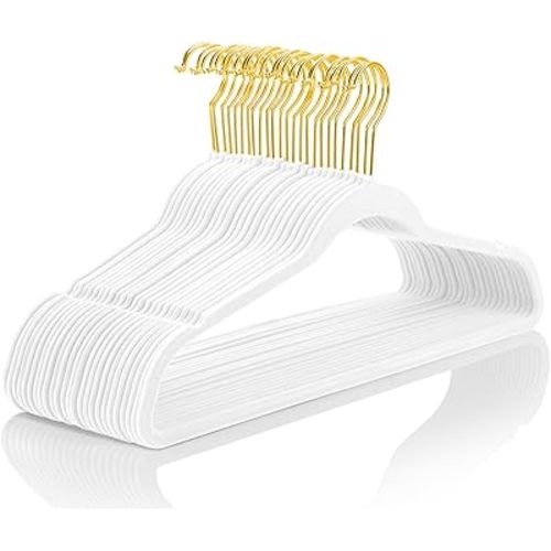 MIZGI Premium Velvet Hangers Pack 60 Pcs Heavyduty - Non Slip Slimline - Velvet Suit Hangers White - Gold Hooks,Space Saving Clothes Hangers