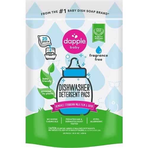 DAPPLE Baby Dishwasher Pacs, Fragrance Free Dishwasher Pods, Plant Based, Hypoallergenic, 25 Count