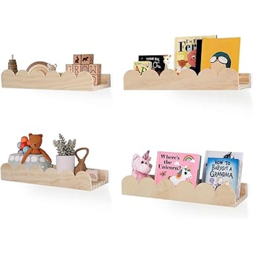 COMAX Nursery Floating Bookshelf Set, 4 Pack, Solid Wood, Wall Mount Bookshelves for Kids Room, Baby Bedroom