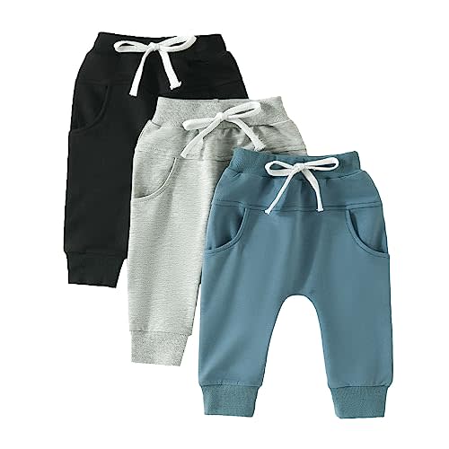 Gaono Baby Boy 3-Pack Jogger Pants Active Harem Pant Solid Casual Sweatpants Drawstring Elastic Waist Trousers Bottoms