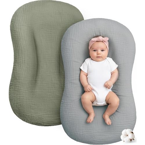 Muslin Baby Lounger Cover 2 Pack, Cotton Soft Breathable Infant Nest Slipcovers, Envelope Closure, Compatible with Snuggle MeLoungers, Machine Washable, Cover Only, for Boys Girls(Gray & Green)