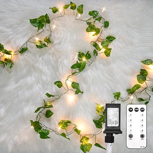 suddus Vine with Fairy Lights Plug in, 33ft 100 LED Pothos String Lights Connectable with Remote, Leaf Lights for Bedroom, Room, Wall, Garden, Party, Wedding Decor (Warm White)
