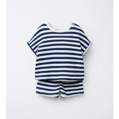 STRIPED WAFFLE KNIT T-SHIRT AND SHORTS SET - Navy blue | ZARA United States