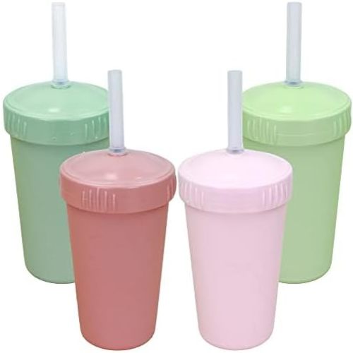 Re-Play Made In USA 10 oz. Straw Cups with Silicone Locking Straws - Made from Heavyweight Recycled Milk Jugs - Desert Roses - Pack of 4