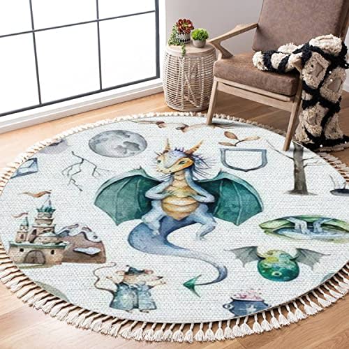 OUVNWLRE Round Area Rugs Magic Cute Baby for Girls Fairy Castle Dragon Colorful Rainbow Woven Rug Boys Bedroom Decor Bathroom Powder Room Playroom Boho Carpet Outdoor Rug Minimalist Home Decor, 4 ft