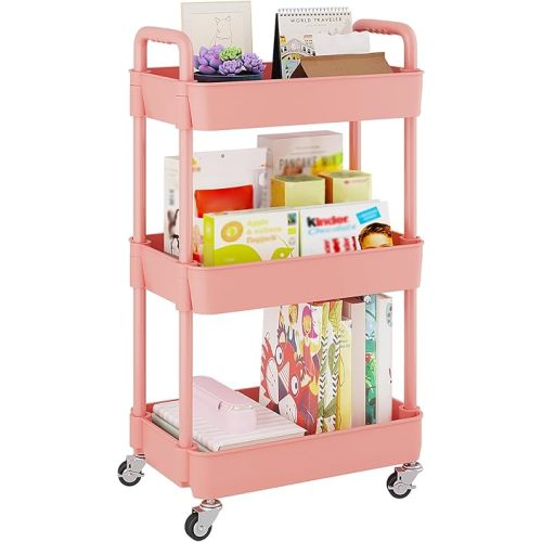 UDEAR 3-Tier Rolling Utility Cart with 12 Category Labels,Multifunctional Storage Shelves with Handle and Lockable Wheels for Room,Office,Kitchen,Bathroom,Pink