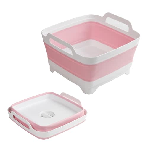 Collapsible Dish Basin Foldable Kitchen Sink With Drain Plug Plastic Laundry Tub 9L/2.4Gal RV & Camping Wash Basin Space-Saving Bottle Washing Sink (Pink)