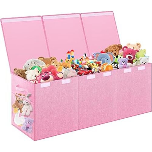 Extra Large Toy Box, Toybox for Kids Boys Girls, Collapsible Sturdy Toy Storage Organizer with Mesh Pockets, 41"x14"x16" Kids Storage Boxes Bins Baskets for Nursery, Playroom, Pink