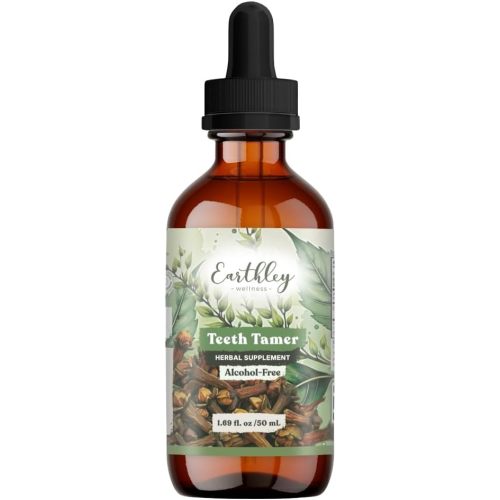 Earthley Wellness Teeth Tamer, Teething Relief for Babies & Kids, Soothes Drooling, Gum Discomfort & Irritability, Organic Herbal Formula, Sugar-Free, Packaging May Vary (1.69 oz, 500 doses)