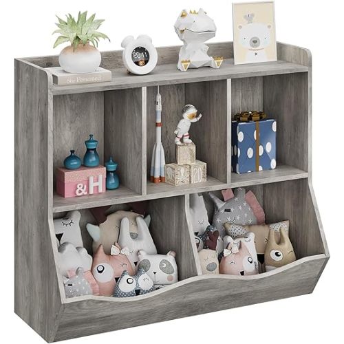 Grey Toy Bookcase & Bookshelf, Stylish Multi-Shelf Storage Organizer Cabinet with Cubby Spaces for Books and Toys, for Bedroom, Playroom and Hallway