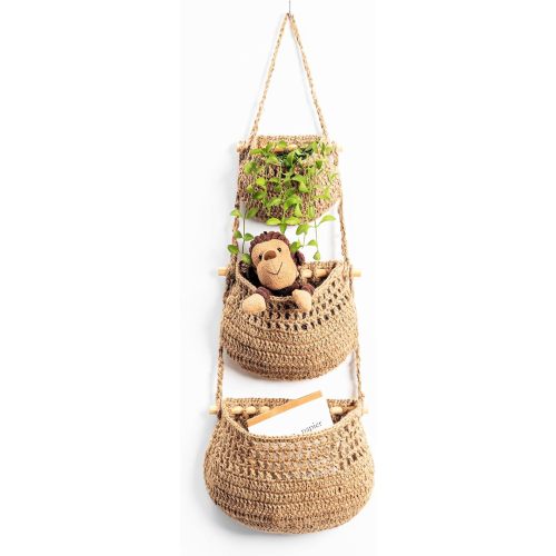 Hanging Fruit Basket, 3 Tier Woven Jute Wall Hanging Basket for Organizing, Hanging Produce Basket for Fruit & Vegetable Storage, Boho Kitchen Decor, Wall Basket Storage for Kitchen, Bedroom, Bathroom