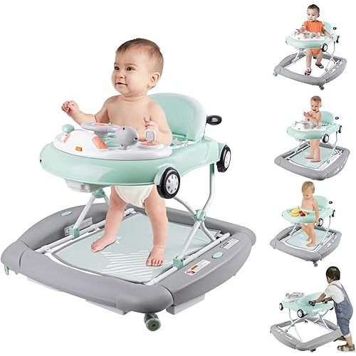 5 and 1 Baby Walkers, Activity Baby Walker,Baby Walker Car, Baby Walker with Wheels, Baby Bouncer and Rocker, Adjustable Music Sound, Speed Rear Wheels and Height,Ages 7-18 Months (Green)