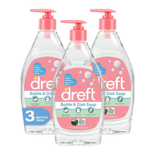 DREFT Bottle and Dish Soap | Made to Clean Baby Bottles, Sippy Cups, Pacifiers, Breast Pumps, & More | Gently Removes Milk Film & Odors | Plant Based, Fragrance Free Dish Soap | 18 Fl Oz (Pack of 3)