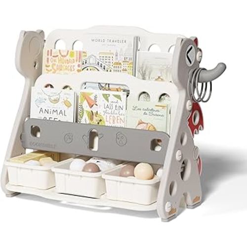 UNICOO – Kids Baby Dragon 2 Tier Bookshelf with 3 Toy Storage Bins, Children Bookshelf & Toy Organizer (Grey & White)