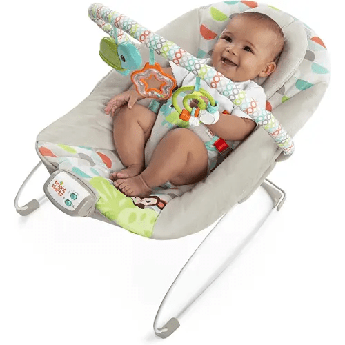 Bright Starts Baby Bouncer Soothing Vibrations Infant Seat - Taggies, Music, Removable -Toy Bar, 0-6 Months Up to 20 lbs (Happy Safari)