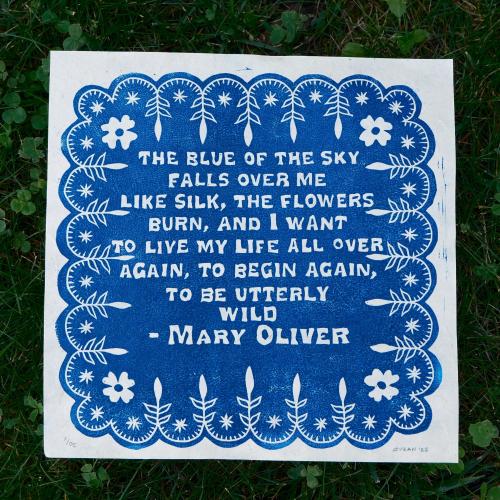 Mary Oliver Quote Linocut Art Print: Handmade Blue Ink on Lokta Paper