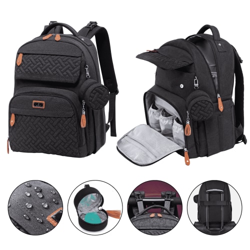 BabbleRoo Diaper Bag Backpack, Travel Backpack, Pacifier Case & Stroller Straps, Multifunction, Waterproof, Unisex – Black