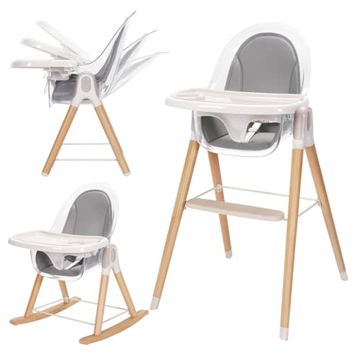 Baby High Chair, 7-in-1 Grow with Family Convertible Wooden High Chair for Babies and Toddlers, Rocking Chair, Reclining Seat, Easy to Clean Compact High Chair Removable Cushion and Double Tray
