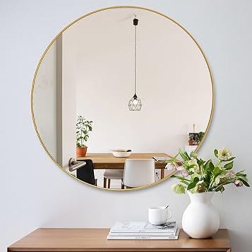 42 Inch Large Round Mirror Oversized Modern Brushed Metal Frame Mirror Gold Circular Mirror Vanity Mirror for Wall Decorative Mirror for Entryway Living Room, Bathroom and Bedroom