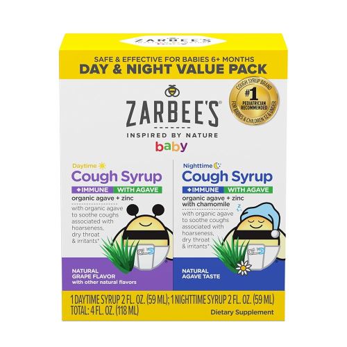 Zarbee's Baby Daytime & Nighttime Cough Syrup + Immune with Organic Agave + Zinc, Daytime Cough Syrup, Grape, & Nighttime Cough Syrup with Chamomile, Agave Taste, Two Pack, 2 x 2 fl. oz