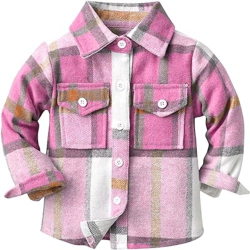 Unisex Baby Boys Girls Flannel Jackst Plaid Shacket Long Sleeve Lapel Botton Down Fall Winter Outwear Coat