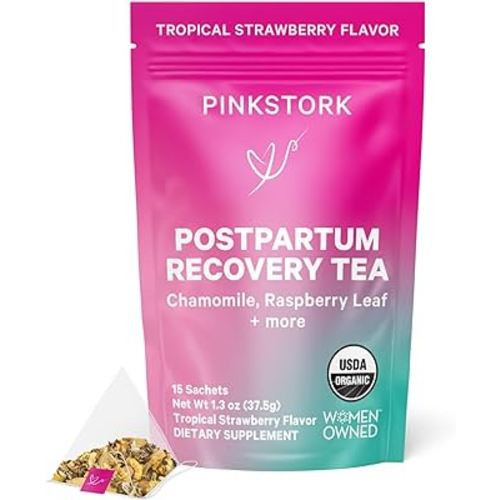 Pink Stork Postpartum Recovery Herbal Tea, Organic Red Raspberry Leaf with Chamomile, Hormone Balance for Women after Labor and Delivery, Strawberry Passion, Caffeine-Free, 15 Sachets