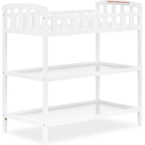 Dream On Me Emily Changing Table, Compact and Portable, Solid New Zealand Pinewood, Safety Rails, Two Storage Shelves, Includes Water-Resistant 1" Changing Pad — White