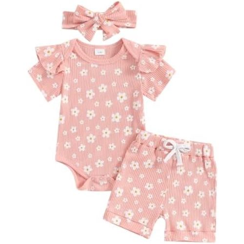 Newborn Baby Girl Clothes Summer Knit Ribbed Floral Print Short Sleeve Romper Shorts Headband Outfit Set