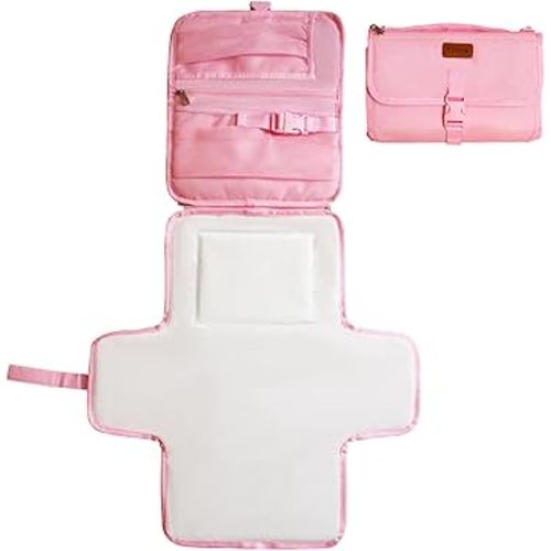 Portable Changing Pad for Baby, Travel Diaper Changing Pad for Newborn, Waterproof Baby Changing Mat, Foldable & Detachable Diaper Changing Station with Baby Wipes Pockets(Pink)