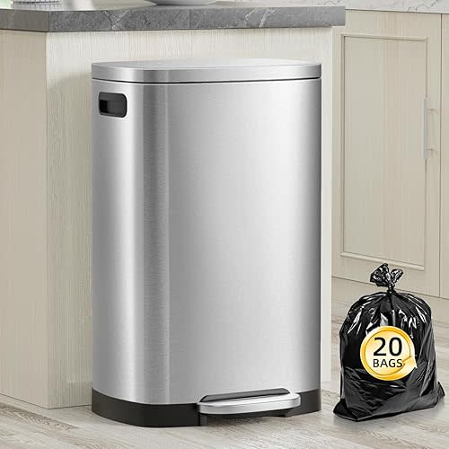 13 Gallon Trash Can with Lid, 50L Fingerprint Proof Stainless Steel Kitchen Trash Can with Removable Inner Bucket and Lid Soft Close, Pedal Rubbish Bin for Home Office