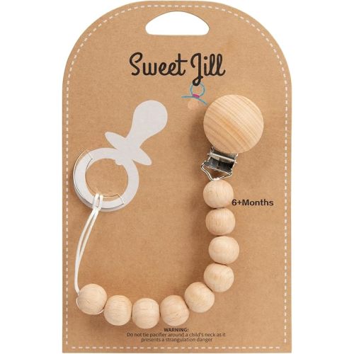 Pacifier Clip Made with Silicone Beads and Secured with Wood Clip. 1 Piece Design. BPA-Free. Chewable. 9" Long. Keeps Pacifiers and teethers securely Fastened. (Brown)