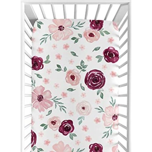 Sweet Jojo Designs Burgundy Watercolor Floral Girl Fitted Crib Sheet Baby or Toddler Bed Nursery - Blush Pink, Maroon, Wine, Rose, Green and White Shabby Chic Flower Farmhouse