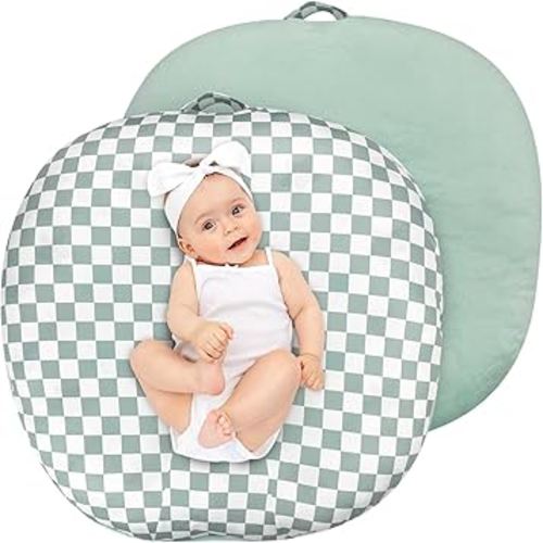 Newborn Lounger Cover, Soft Comfortable Baby Lounger Cover, 1 Pack Reversible Removable Slipover for Infant Lounger Pillow, Green Checkered (Lounger not Included)